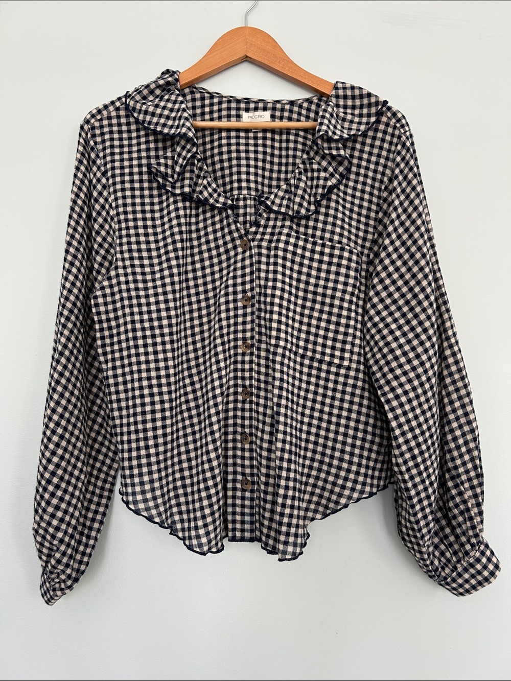 Pilcro navy and cream cotton Gingham Ruffle-Collar Button-Down Top